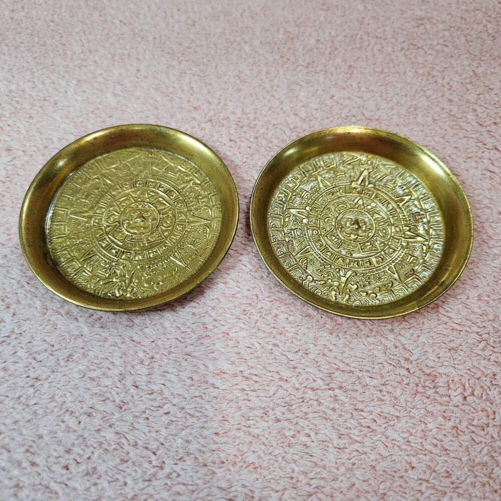Set of 2 Vintage 3" Brass Aztec Mayan Calendar Coasters or Trinket Dishes